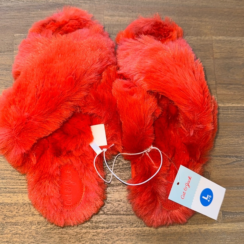 Cat & Jack Youth Girls Orange/Brooklyn Crossband Fur Slippers, Large 4/5, NWT - Picture 1 of 4